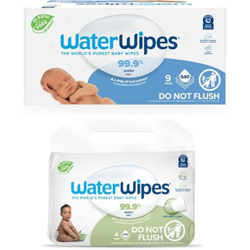WaterWipes Bundle, Original 540 Count (9 packs) & Textured Clean Wipes 240 Count (4 packs), Plastic-Free, 99.9% Water Based Wipes, Unscented, Hypoallergenic for Sensitive Skin, Packaging May Vary