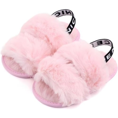 QIETION Girl's Soft Plush Lightweight House Slippers Non Slip Cross Band Slip on Open Toe Cozy Indoor Outdoor Slippers