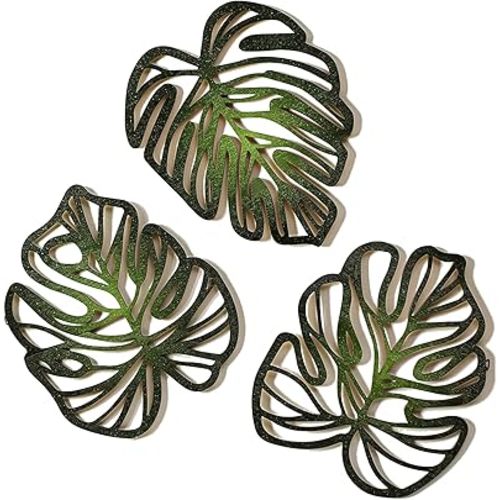 Palm Leaves Wood Wall Decor, 3Pcs Tropical Wall Art Jungle Decor, Wooden Natural Leaves Plant Wall Decor, Vintage Tropical Plant Plaque for Home Living Room Kitchen Bedroom Bathroom & Garden, Green