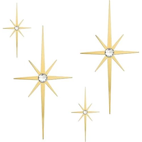 4 Pcs Star Wall Art for Home Decor Living Room Bedroom Office Metal 3D,Bling,with Hanging Hook Starburst Midcentury Sculpture Retro Gallery Accent Celestial -Gold 16.5in/9.4in