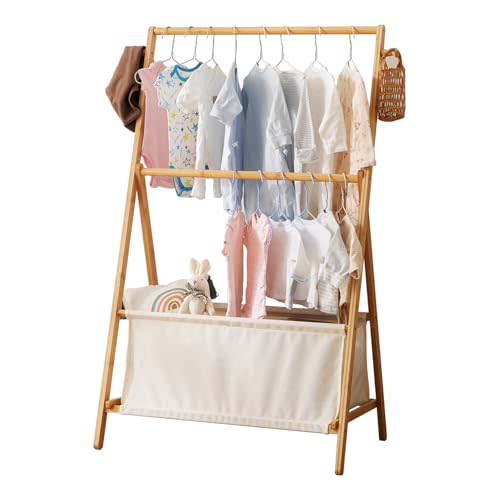 Baveke Kids Clothing Rack Baby Clothes Rack, Bamboo Kids Clothes Rack with Storage, Foldable Toddler Wardrobe Organizer for Bedroom and Playroom, Kids Wardrobe Closet Heavy Duty and Child-Safe