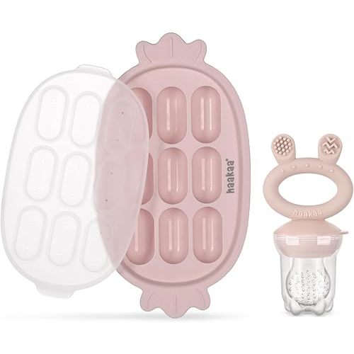 Haakaa Baby Fruit Food Feeder & Silicone Freezer Nibble Tray Combo - Breastmilk Popsicle Mold for Baby Cooling Relief, BPA Free Baby Mesh Food Feeder for Infant Self Feeding