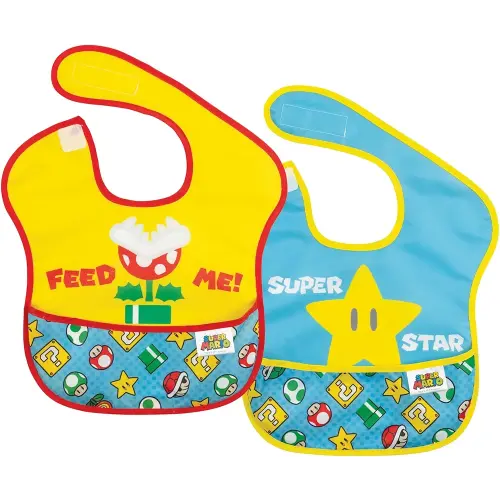 Bumkins Nintendo Bibs for Girl or Boy, SuperBib Baby and Toddler for 6-24 Months, Essential Must Have for Eating, Feeding, Baby Led Weaning, Waterproof Soft Fabric, 2-pk Super Mario Expressions