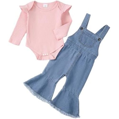 SUNNY PIGGY Newborn Baby Girl Clothes Ruffle Long Sleeve Ribbed Romper Flare Pants Jumpsuit Infant 2pcs Outfits