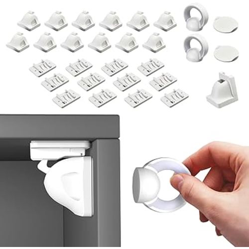 Magnetic Cabinet Locks(12-Packs 2 Keys) by Heart of Tafiti, Baby Proofing Drawer Lock, Multi-Purpose Cupboard Drawers Latches, Safe & Easy Install, Strong Adhesive, No Screws or Tools Needed.