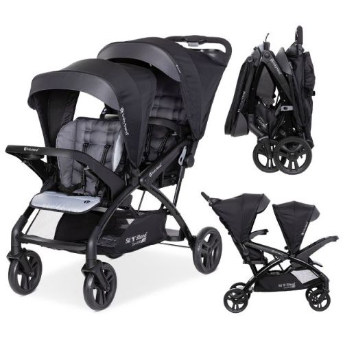 Baby Trend Sit N' Stand Double Stroller 2.0 & Twin Travel System For Babies & Toddlers W/ 5 Pt Safety Harness, Canopy, Storage, & Cup Holders, Stormy