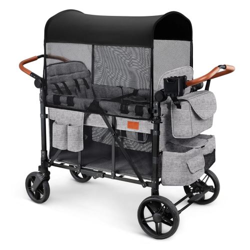 Wagon Stroller for 4 Kids, All-Terrain Wagon for Toddler with Canopy, Parent Organizer, Shoulder Bag, Adjustable Handlebar, Phone Holder, High Seat & 5 Point Harness, Ultimate Quad (Gray)