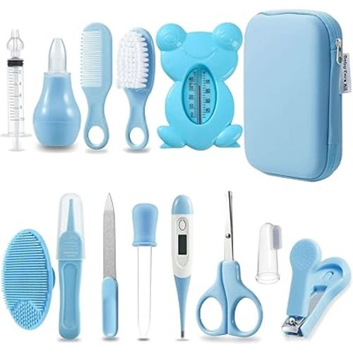 PandaEar Baby Healthcare and Grooming Kit, Baby Safety Set Baby Comb, Brush, Finger Toothbrush, Nail Clippers, Scissors, Nasal Aspirator, Baby Essentials Nursery Care Kit (13-in-1 Blue)