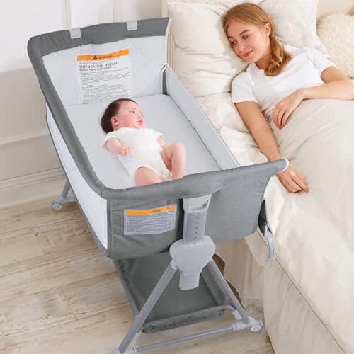 BIERUM Baby Bassinet, Bedside Sleeper for Baby, 7 Height Adjustable Bedside Bassinet with Wheels, Easy to Assemble Portable Bedside Crib with Large Storage Bag for Newborn/Infant, Mattress Included