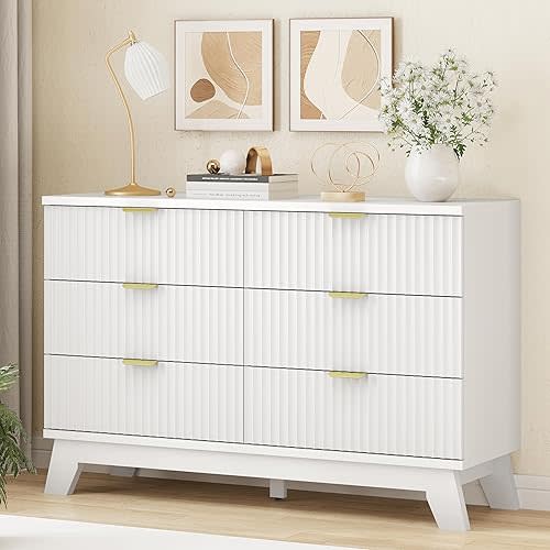 Fluted Dresser for Bedroom with 6 Drawers, 48" Wide Modern Chest of Drawers with Metal Handle, Wooden Dresser TV Stand, Wood Closet Clothes Storage Organizer for Living Room, Hallway, Natural Oak