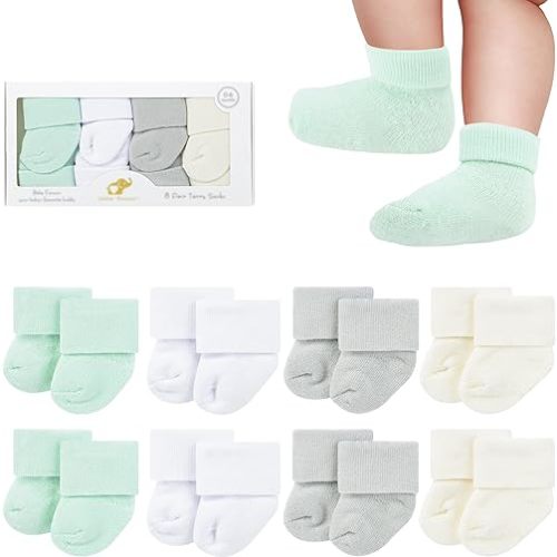 8 Pairs Newborn Socks Thick Cotton Terry Turn Cuff Baby Socks 0-6 Months Cute Gifts for Preemie Infant Girl Boy