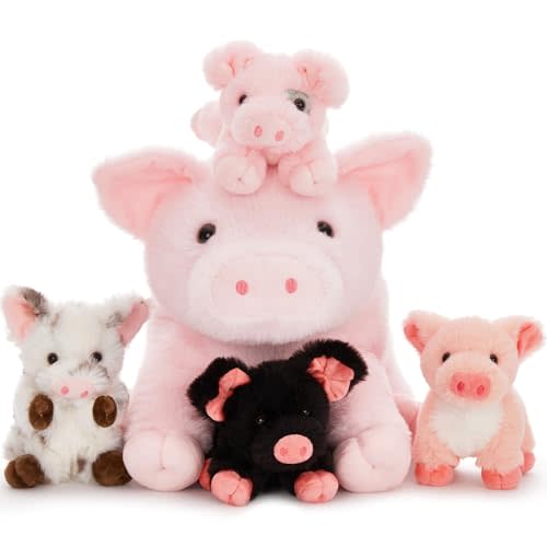 Karister 5Pcs Pig Stuffed Animal, 16 Inch Mommy Pig Plush with 4 Soft Cuddly Baby Piggy Plushies in Mother Pig's Belly, Kawaii Chirstmas Birthday Gift for Girls Boys Kids, Baby Shower Decor