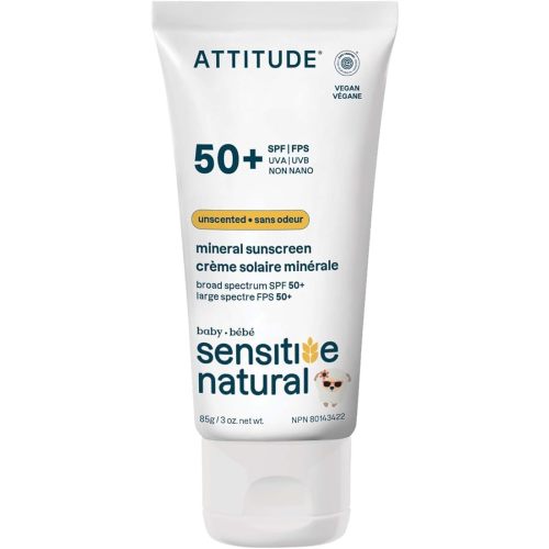 ATTITUDE Sensitive Skin Baby Mineral Sunscreen SPF 50, Broad Spectrum Zinc Oxide, EWG Verified, Mineral-Based, Non-Nano, Lightweight Cream for Face & Body, Unscented, 80 grams