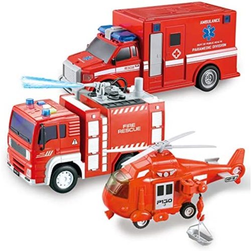 JOYIN 3 in 1 Fire Truck Toys, Friction Powered Play Fire Rescue Car Set with Light and Sound, Including Fire Rescue Truck, Helicopter Toy, Play Ambulance, Kids Toddler Boys Girls Birthday Easter Gifts