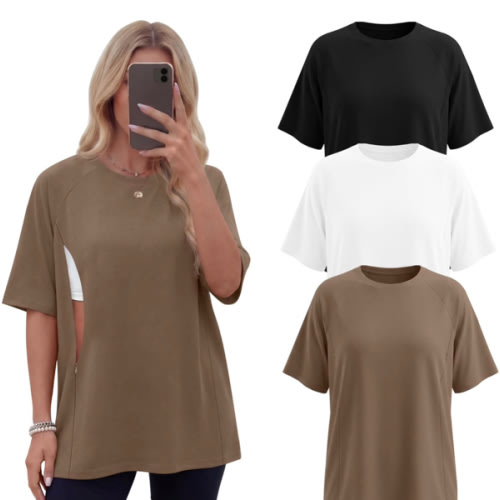 3 Pack Women's Oversized Nursing Tops for Breastfeeding with Hidden Zippers Loose Fit Short Sleeve Maternity Tops