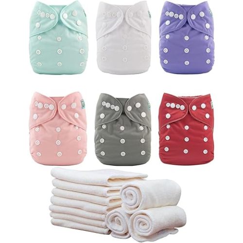ALVABABY Baby Cloth Diaper 6 Pack with 12 Inserts One Size Cloth Diaper Covers Adjustable Washable Reusable for Baby Girls and Boys