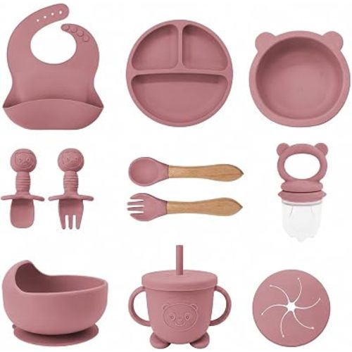 Silicone Baby Feeding Set – Pandaloo Collection, 11-Piece Baby-Led Weaning Set – Self-Feeding Kit for Babies & Toddlers – BPA-Free, Dishwasher Safe Feeding Essentials (Blush Pink)