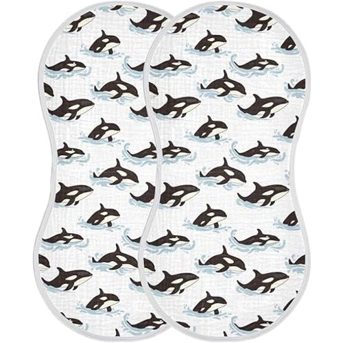 Muslin Burp Cloths for Baby Boys and Girls - 2-Pack Ultra Absorbent Killer Whale Orca Muslin Washcloths, Newborn Towel, Milk Spit Up Rags, Burp Cloth Bibs for Unisex, 22 x 11 Inch