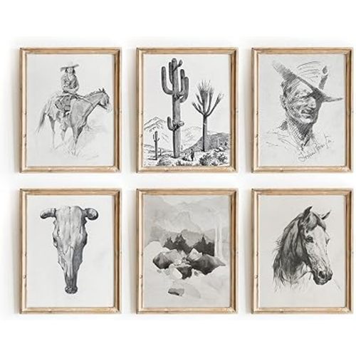 Set 6 Western Wall Art Cowboy Rustic Decor - Western Home Vintage Art, Western Bathroom Decor, French Country Farmhouse Decor, Vintage Wall Art Cowboy Wall Decor, Southwestern Wall Decor(UNFRAMED)