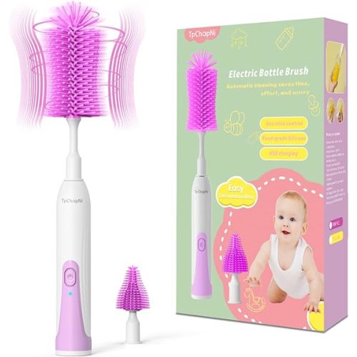 TpChapNi Electric Bottle Brush Cleaner,Electric Baby Bottle Brush Cleaner Set,Rechargeable with Replaceable Silicone Water Bottle and Nipple Brush Head,Straw Brush for Baby & New Moms (Purple)