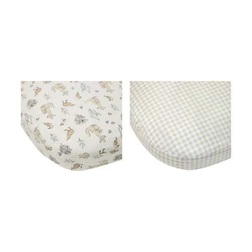 2 Pack 225 Thread Count Organic Cotton Fitted Bassinet Sheets, Australiana and Gingham Print - Anko