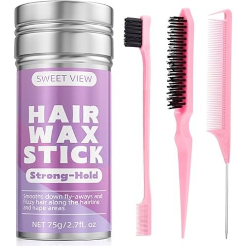 Hair Wax Stick & Slick Back Hair Brush, Hair Pomade/Balm for Smooth Flyaways, Frizz, Sleek Ponytail, Buns, Styling Accessories Cream/Gel for Girls, Kids