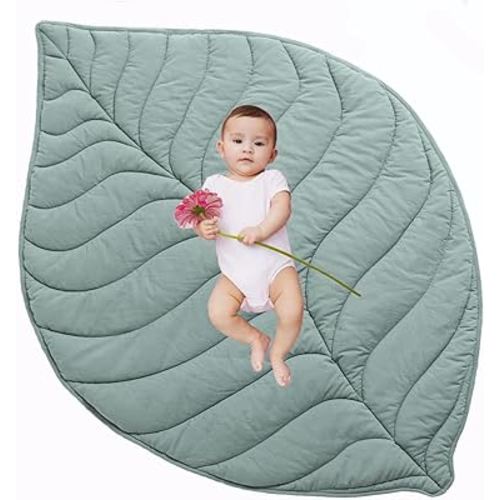 Baby Play Mat, 56"X 42"Inch Large & Thick Reversible Folding Floor Cotton Mat, Leaf Shapes Floor Playpen Mat for Girls and Boys, Baby Soft Crawling Playmat. BPA-Free, Non-Toxic.