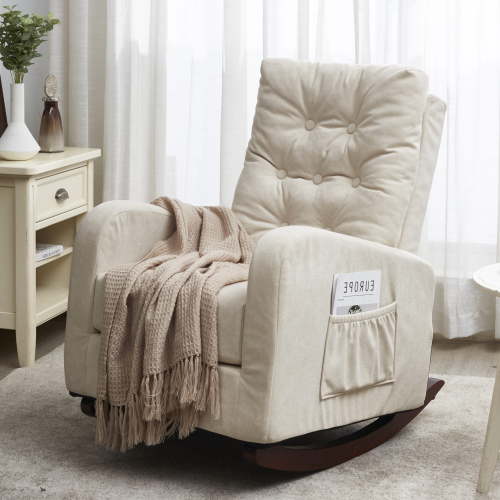 Oversized Rocking Chair, Modern Upholstered Glider Rocker Chair with Solid Wood Base and Side Pocket, Comfy High Back Single Sofa Chair, Leisure Armchair for Living Room, Bedroom, Office, Beige