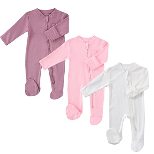 HahaNice Baby 2 Way Zipper Girls Boys 100% Cotton Footed Sleep and Play with Mitten Cuffs 0-12 Months