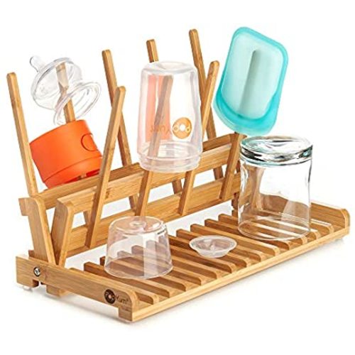 PopYum Space Saving Bamboo Drying Rack, Countertop Wood Folding Collapsible for Baby Bottle, Plastic Bag, Cup, Glass, Silicone, Water Bottle, Wooden, FSC Certified, Compact