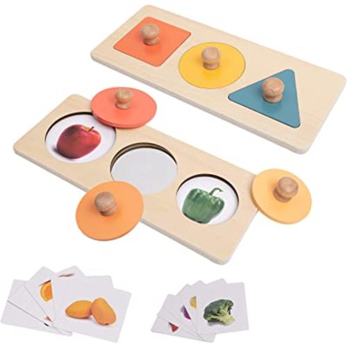 Baby Puzzles 12-18 Months - Montessori Multiple Shapes Knob Wooden Puzzles for Toddlers 1-3 - Peekaboo Photo Puzzle with Baby Mirror & 10 Real-Life Cards