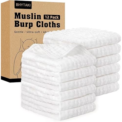 BHYTAKI 12-Pack 20"X10" Muslin Burp Cloths for Baby Boys & Girls Essentials Large 100% Cotton Burp Rags, 6 Layers Extra Absorbent and Soft burping Cloths for Babies (White)