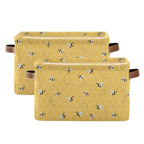 Storage Basket Cute Animal Bee Collapsible Storage Bins Canvas Fabric Baskets for Organizing Toy with Handle for Bedroom Nursery Office, 2PCS