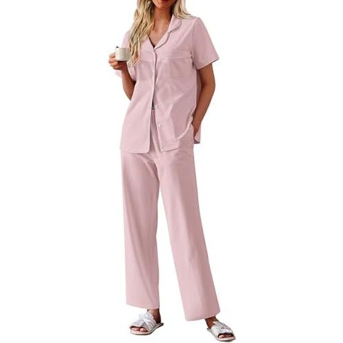 Ekouaer Women's Cotton Pajamas Set Short Sleeve Button Down Pjs 2 Piece Soft Sleepwear with Long Pants Lounge Set