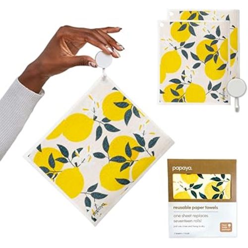 Papaya Reusable Paper Towels 2-Pack - 2 Sheets + 1 Hooks, Quick Drying, No Odor, 1 Sheet Replaces 17 Rolls, Washable Kitchen Cloth, Sustainable Dish Sponge, Eco Friendly Gift
