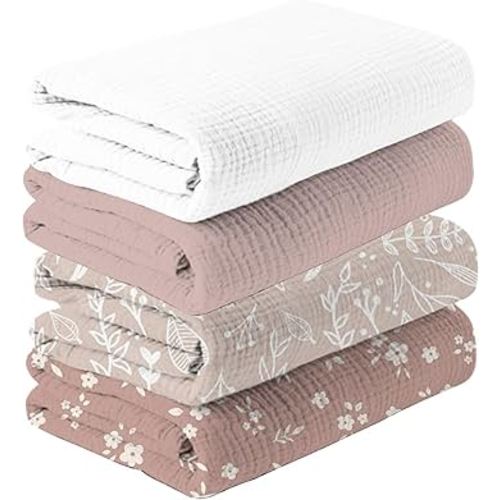 Happy Flute 4Set Muslin Swaddle Blankets–Ultra Soft Baby Blanket for Newborns,Receiving Blankets for Baby Girls & Boys–Baby Essentials 0-3 Years,40x40inches (Flower)
