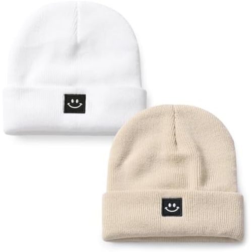 Baby Beanie 2 Pack, Color: White & Beige, Size 0-6M