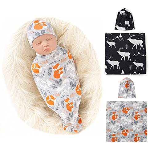 Galabloomer Newborn Swaddle Blanket with Beanie Set Baby Boy Receiving Blanket Rainbow (Deer& White Fox)