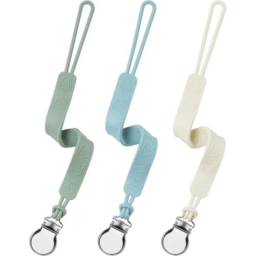 Silicone Pacifier Clip, Seposeve Pack of 3 Baby Pacifier Teether Clip with 4 Texture, Soft Flexible Silicone Pacifier Leashes & Cases for Boy and Girl, Keeps Pacifier Clean, Green Blue White
