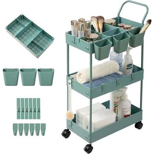 danpinera Storage Cart on Wheels, 3 Tier Bathroom Cart Organizer Slim Laundry Narrow Shelf with Wheels Dividers Hanging Cups Hooks Handle Easy Assembly, Green