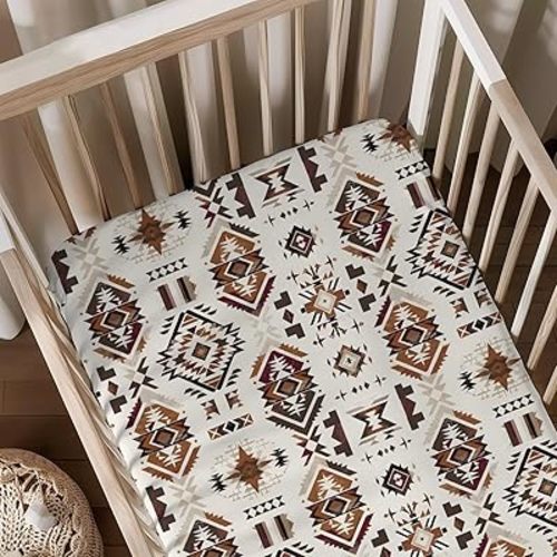 Western Tribal Geometric Pattern Baby Sheets for Crib, Unisex Native American Nursery Fitted Bed Sheet for Boys Girls Standard Crib and Toddler Mattress-28x52