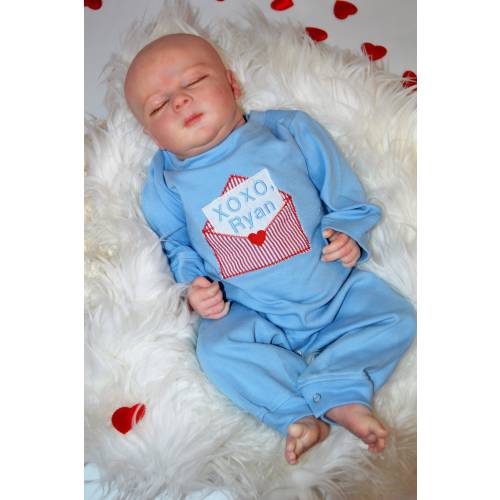 Personalized First Valentines Day One Piece Romper Outfit, Monogrammed Baby Boy Love Letter XOXO Outfit