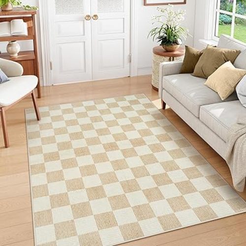Machine Washable 5x7 Area Rugs for Living Room Checkered, Non Slip Soft Low Pile Farmhouse Geometric Modern Neutral Playroom Boys Rugs for Bedroom, Large Carpet Rugs for Dining Room(Ivory,5'x7')