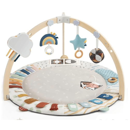 Blissful Diary Baby Play Gym & Activity Mat, 5 Developmental Zones Wooden Tummy Time Mat with 6 Detachable Sensory Toys for Motor Skills & Sensory Development, Baby Essentials Shower Gift