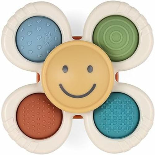 Itzy Ritzy Fidget Toy with Sensory Poppers & Suction Cup; Fidget Toy Sticks to Highchairs, Tables or Tubs While Spinning & Engaging Baby with 4 Textured Poppers, Smile
