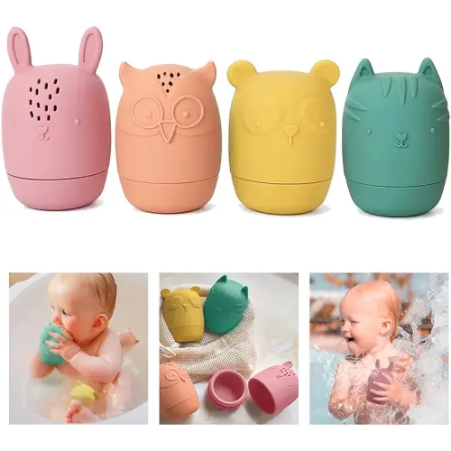Baby Bath Toys, iselyn 4Packs Mold Free Bath Toys Silicone Bath Toys for Toddlers 1-3 Bath Toys Non-Toxic Dishwasher Safe Bathtub Toys for Infants