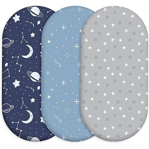 Baby Bassinet Sheets 3 Pack, Fitted Cradle Sheets for Boys & Girls, Ultra Soft Breathable 32" x 16", Universal Fit for Rectangle Round Oval Hourglass Mattress (Blue Gray Planet)
