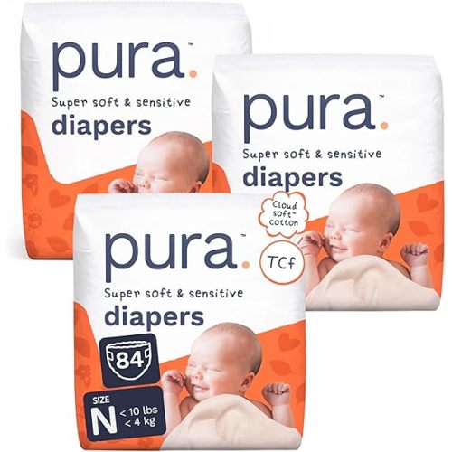 Pura Newborn Baby Diapers Size N (Up to 10 lbs), 3 Pack (84 Hypoallergenic Diapers) Totally Chlorine Free (TCF), Disposable Diapers for Sensitive Skin, Blowout Protection & Wetness Indicator