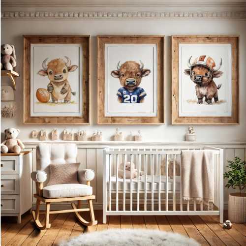 Nursery football art set of 3, Cute buffalo football players, Nursery football decor, Football baby shower gift, Kids room wall art decor