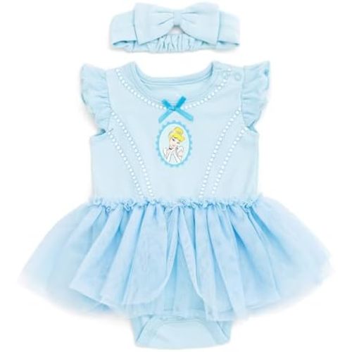 Disney Princess Baby Girls Cosplay Bodysuit With Skirt Overlay & Headband Outfit Set Newborn to Infant Sizes (0-24 Months)